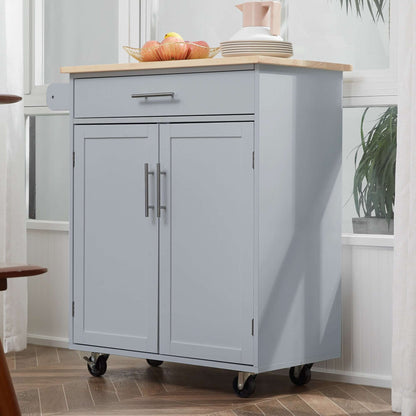HOMCOM Rolling Kitchen Island Cart with Wood Top, Enough Storage Drawer Space with Towel Bar Rack Shelves, Portable Kitchen Utility Serving Cart Trolley on Wheels (Grey)