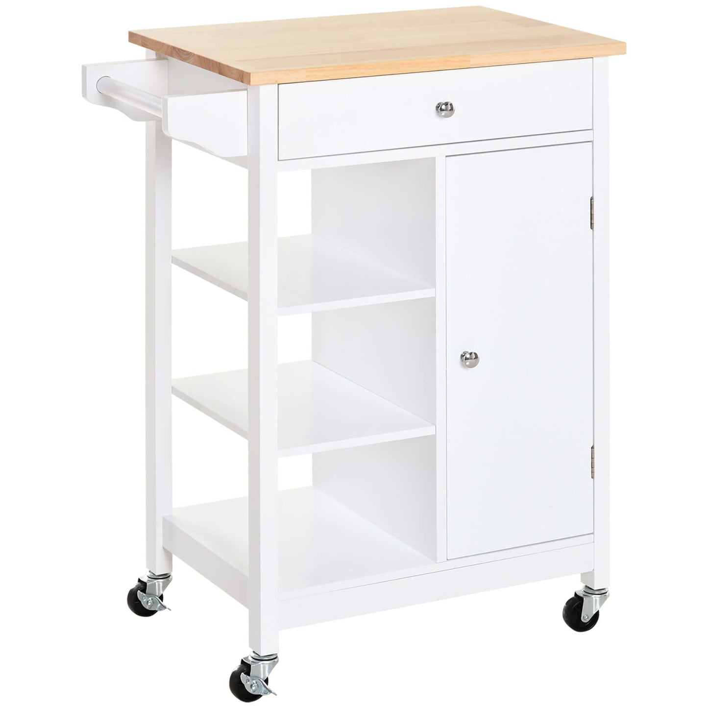 HOMCOM Modern Rolling Kitchen Island Cart with Drawer, Natural Wood Top, Towel Rack, Door Storage Cabinet, White