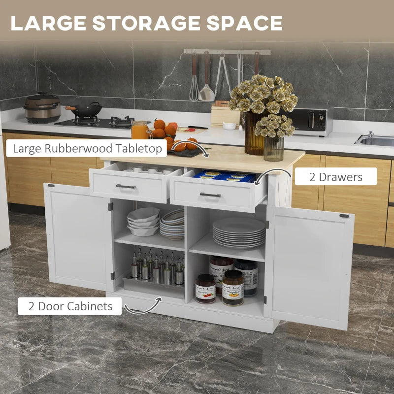 HOMCOM Farmhouse Kitchen Cart: White, Rolling Island, Drop Leaf, Wood Breakfast Bar, 2 Drawers, Adjustable Shelves | Aosom Canada