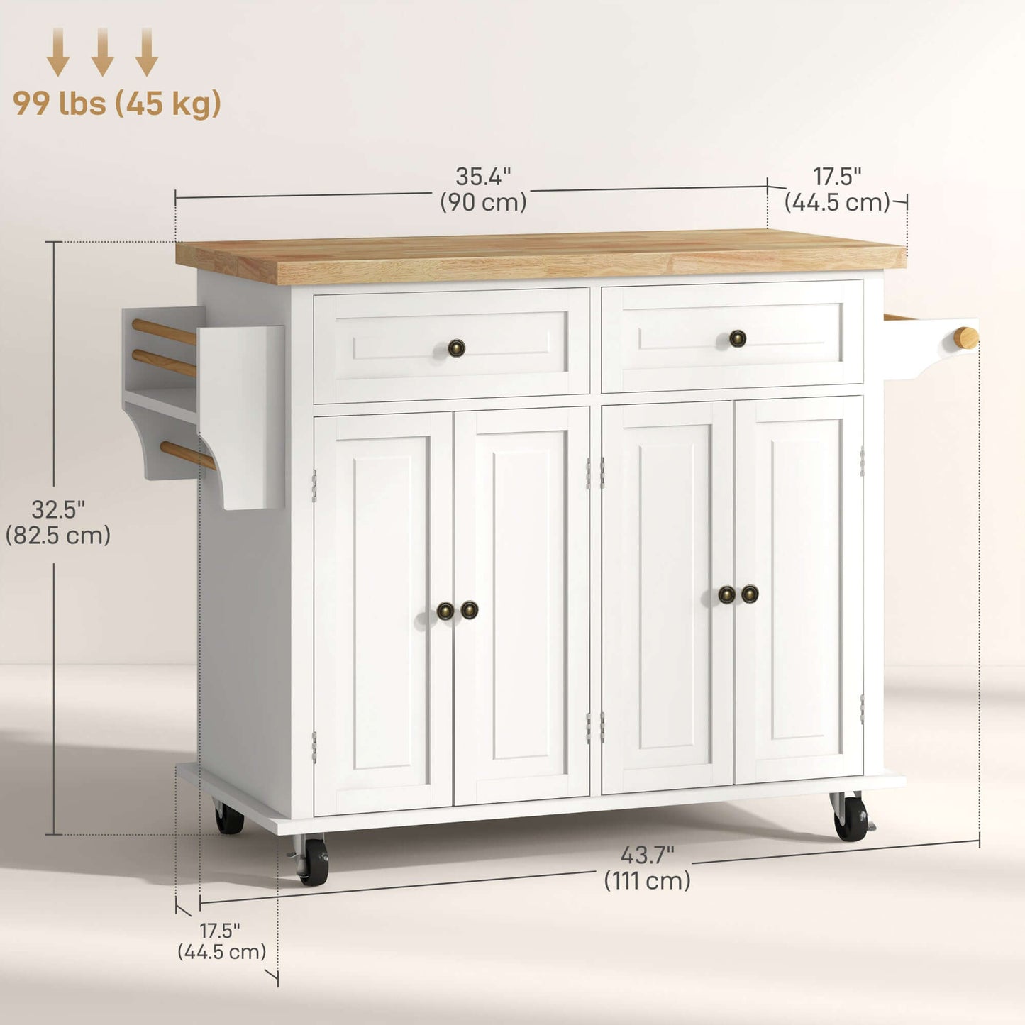 HOMCOM Kitchen Island with Storage, Rolling Trolley Cart with Rubber Wood Top, Spice Rack, Towel Rack, Cream White