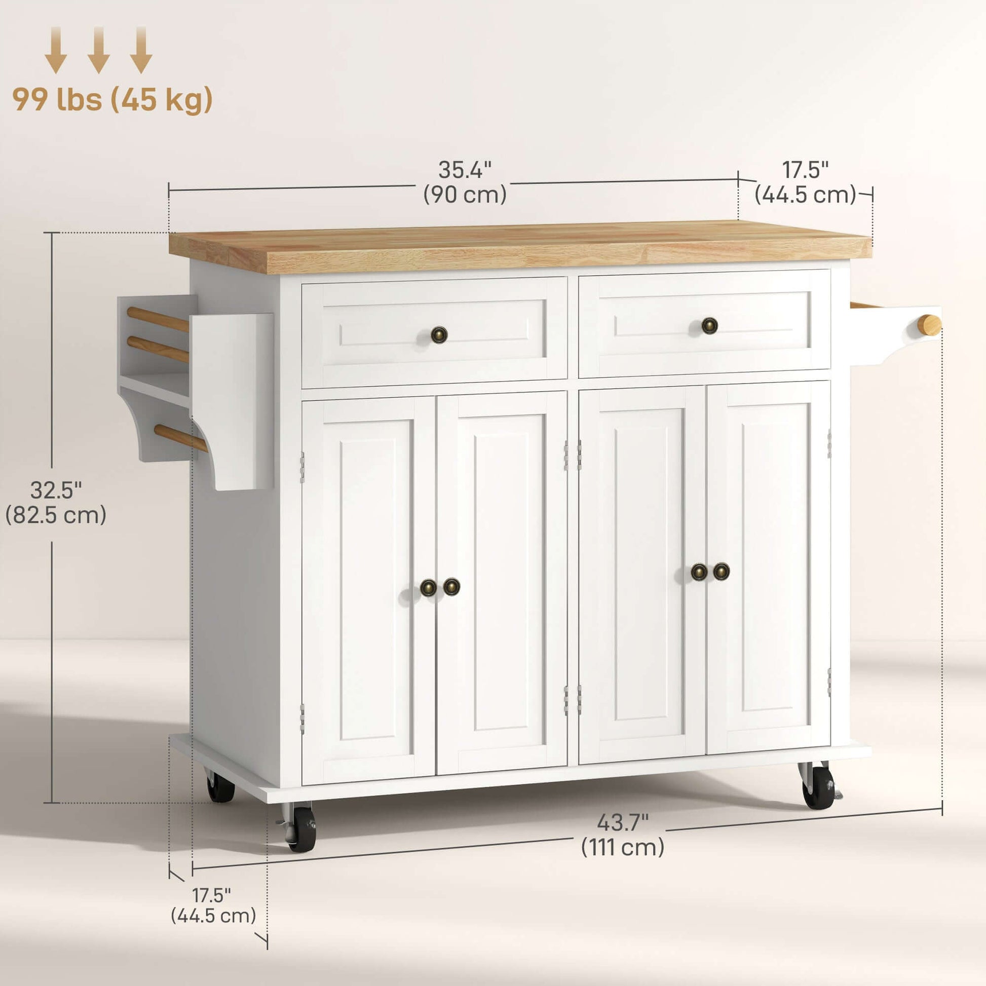 HOMCOM Kitchen Island with Storage, Rolling Trolley Cart with Rubber Wood Top, Spice Rack, Towel Rack, Cream White