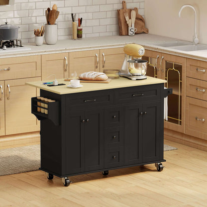 HOMCOM Kitchen Island Cart with Power Outlet & Drop Leaf, 55" Rolling Kitchen Island on Wheels with Storage, Black
