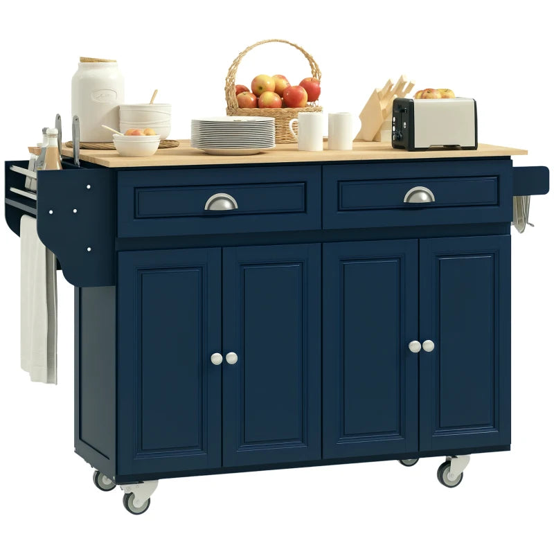HOMCOM Kitchen Island with Storage, Rolling Kitchen Island with Drop Leaf, Rubber Wood Top and Adjustable Shelves, Navy Blue | Aosom Canada