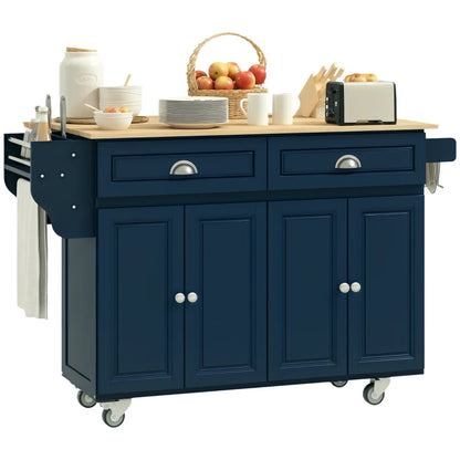 HOMCOM Kitchen Island with Storage, Rolling Kitchen Island with Drop Leaf, Rubber Wood Top and Adjustable Shelves, Navy Blue | Aosom Canada