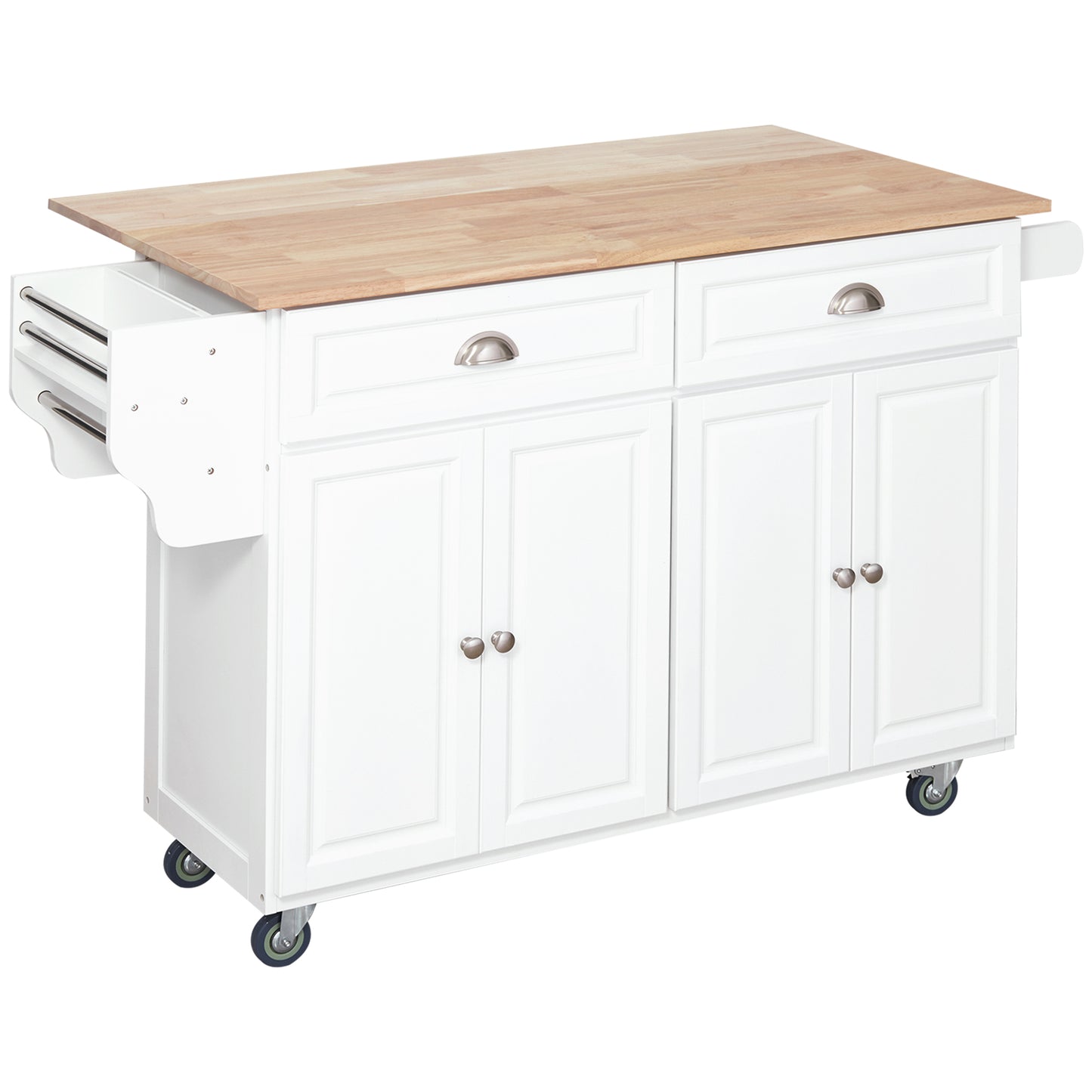 HOMCOM Rolling Kitchen Island on Wheels Utility Cart with Drop-Leaf and Rubber Wood Countertop, Storage Drawers, Door Cabinets, White | Aosom Canada