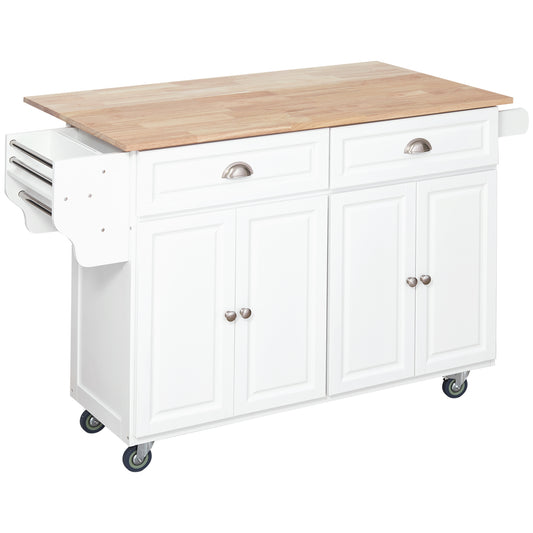 HOMCOM Rolling Kitchen Island on Wheels Utility Cart with Drop-Leaf and Rubber Wood Countertop, Storage Drawers, Door Cabinets, White | Aosom Canada