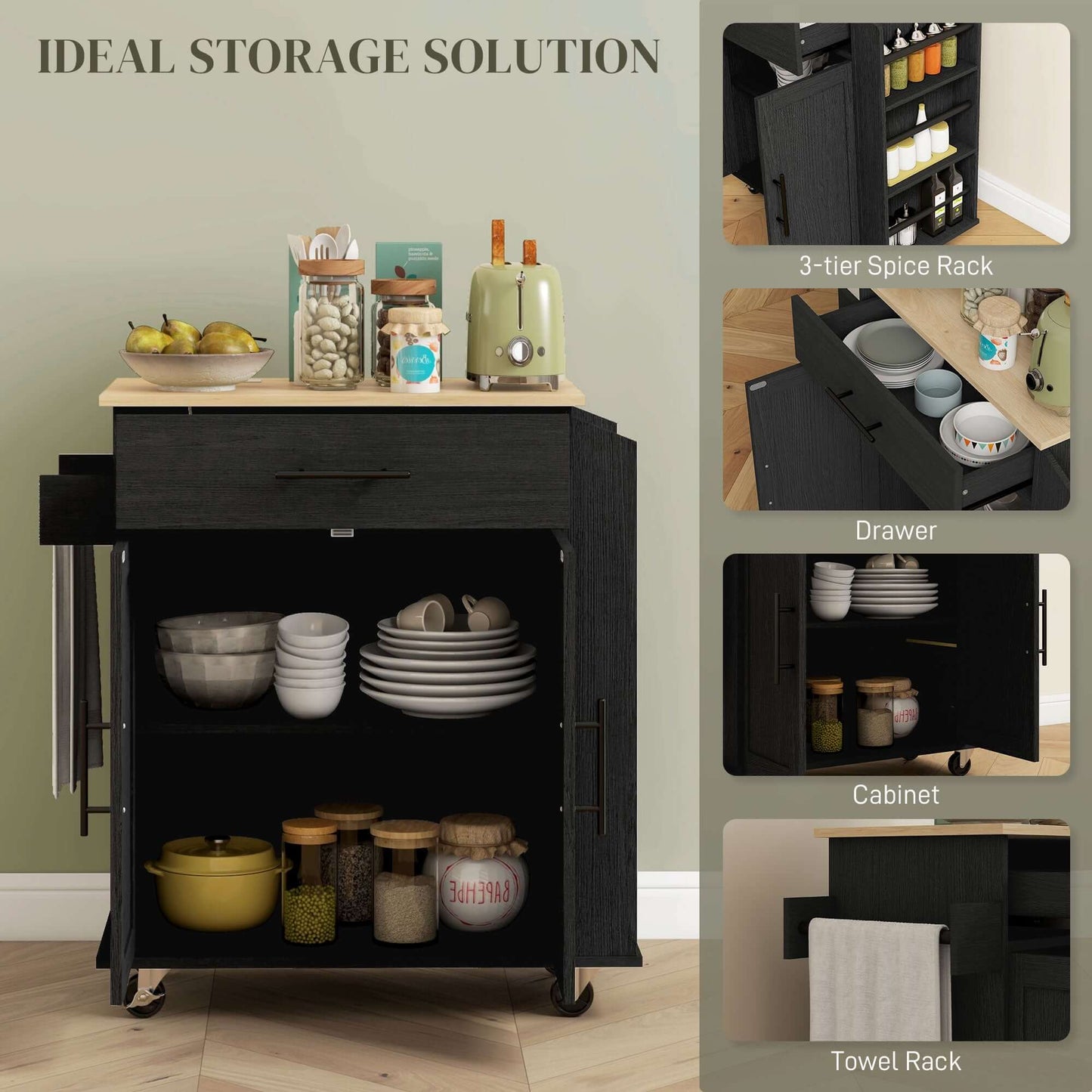 HOMCOM Rolling Island with Wheels for Kitchen, Kitchen Island on Rollers with Power Outlets, Drawer and Doors