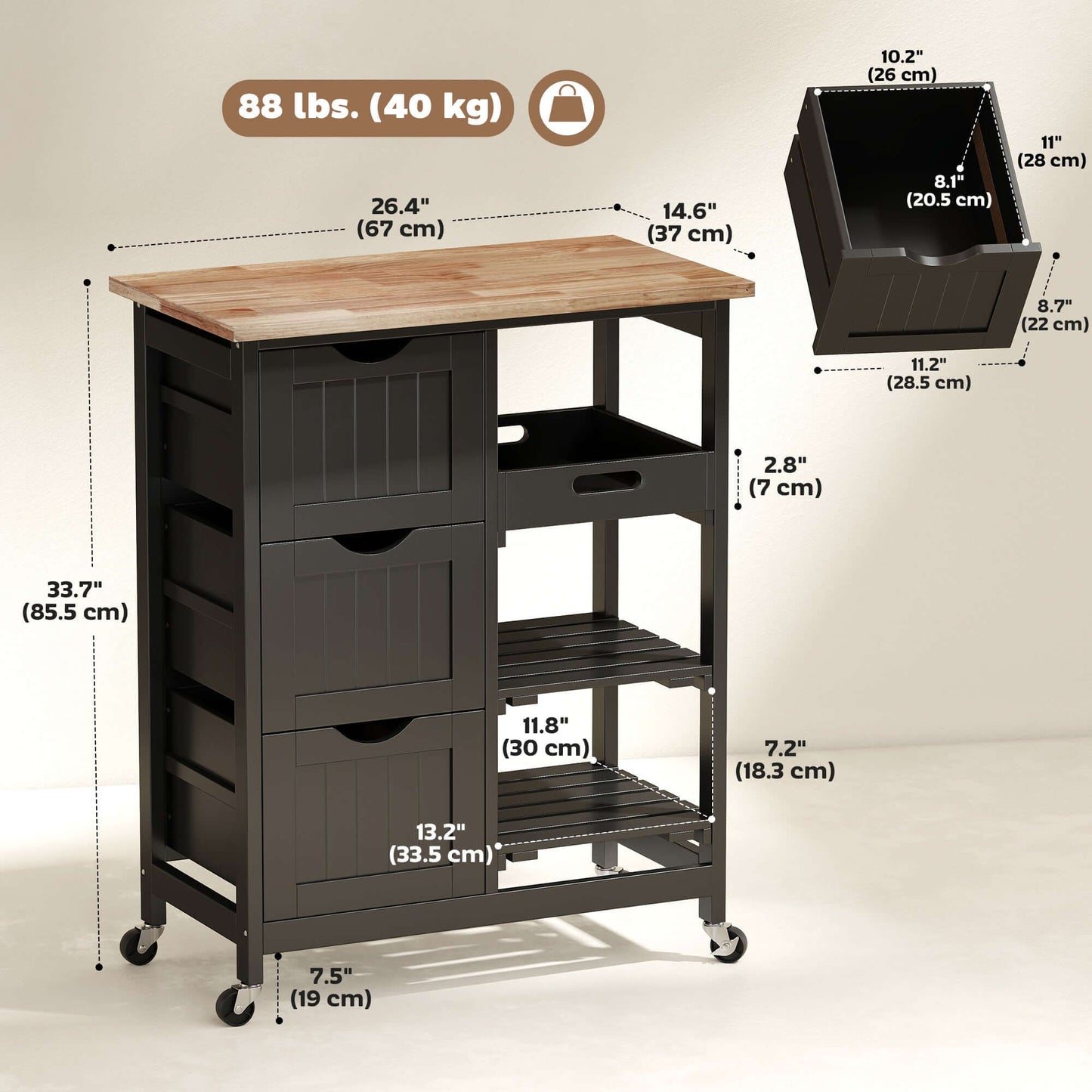 HOMCOM Kitchen Cart on Wheels, Rolling Kitchen Island Cart with Wood Top, 3 Drawers and Shelves for Home Dining Area, Black