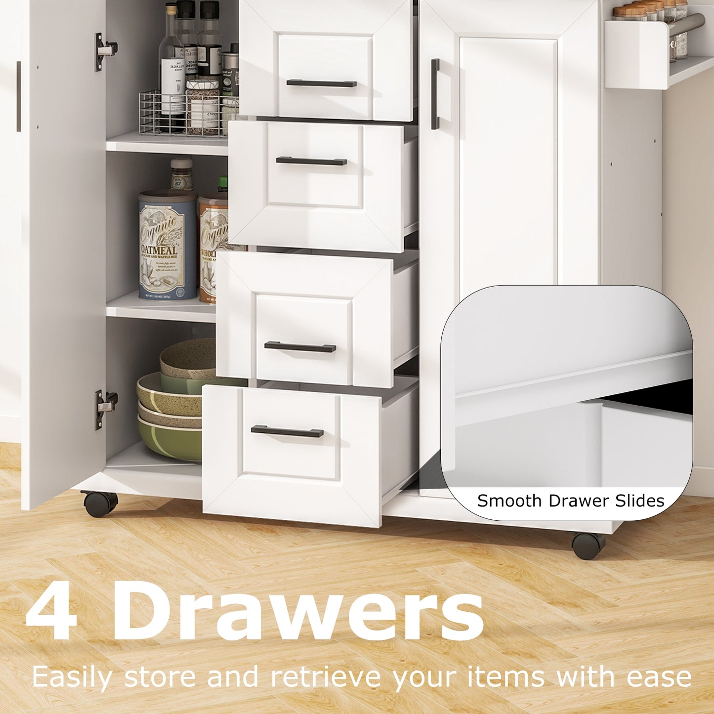 Rolling Kitchen Island Cart on Wheels with Storage Cabinets-White
