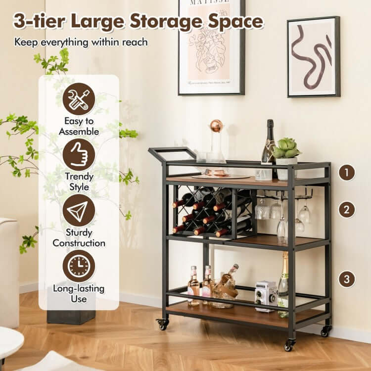 3-tier Bar Cart on Wheels Home Kitchen Serving Cart with Wine Rack and Glasses Holder