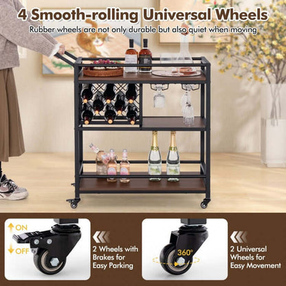 3-tier Bar Cart on Wheels Home Kitchen Serving Cart with Wine Rack and Glasses Holder