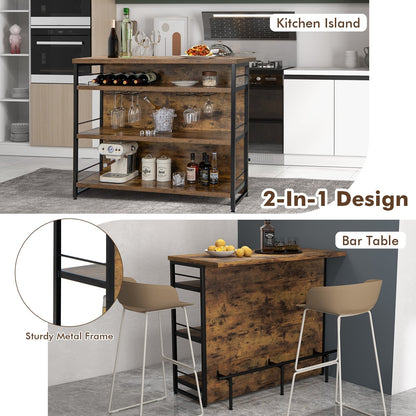 Kitchen Island with 4-Tier Storage Shelf and Long Footrest for Home-Rustic Brown