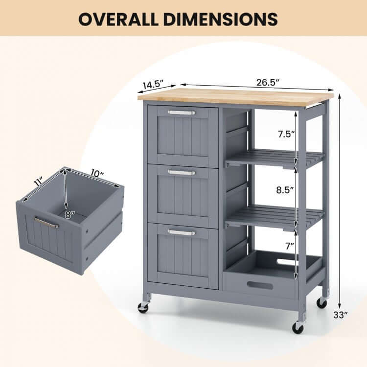 Rolling Kitchen Island Utility Storage Cart with 3 Drawers