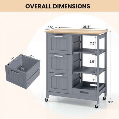 Rolling Kitchen Island Utility Storage Cart with 3 Drawers
