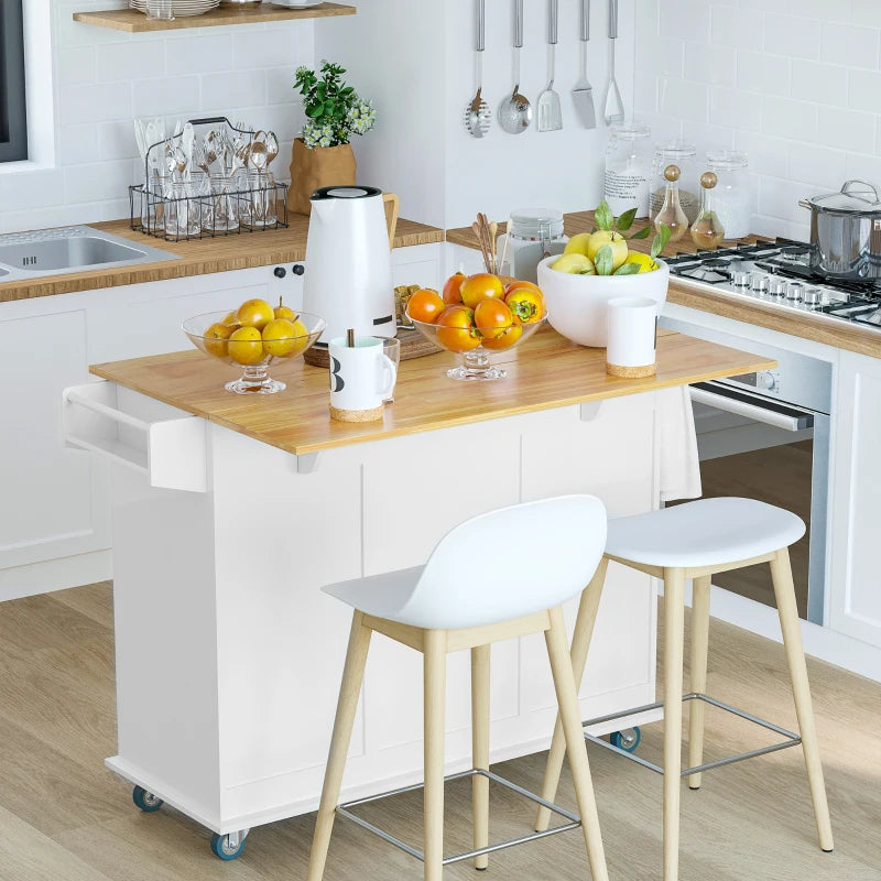 HOMCOM Rolling Kitchen Island with Drop Leaf, Kitchen Cart with Cabinet, 3 Drawers, Wood Top, White | Aosom Canada