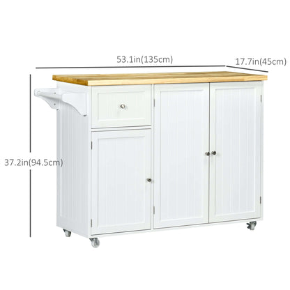 HOMCOM Rolling Kitchen Island with Storage, Utility Kitchen Island Cart with Drawer, Cabinets, Towel Rack and Rubber Wood Top