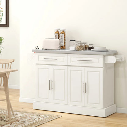 HOMCOM Rolling Kitchen Island with Storage and Stainless Steel Top, Kitchen Trolley with Drawers, Cabinets, Towel Rack, Cream | Aosom Canada