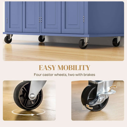 HOMCOM Kitchen Island with Storage, Rolling Trolley Cart with Rubber Wood Top, Spice Rack, Towel Rack, Navy Blue