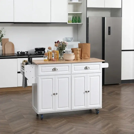 HOMCOM Rolling Kitchen Island on Wheels Utility Cart with Drop-Leaf and Rubber Wood Countertop, Storage Drawers, Door Cabinets, White