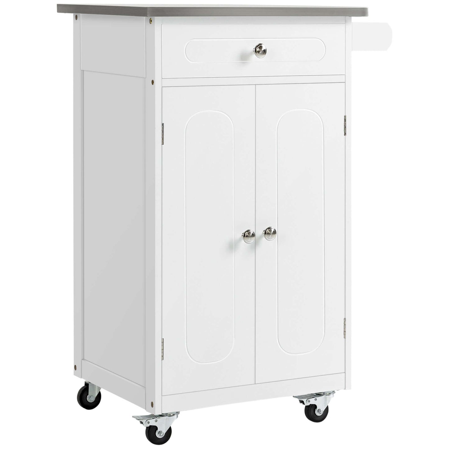 HOMCOM Kitchen Cart, Small Kitchen Island, Stainless Steel Top Utility Trolley on Wheels with Storage Drawer for Dining Room, Kitchen (White)