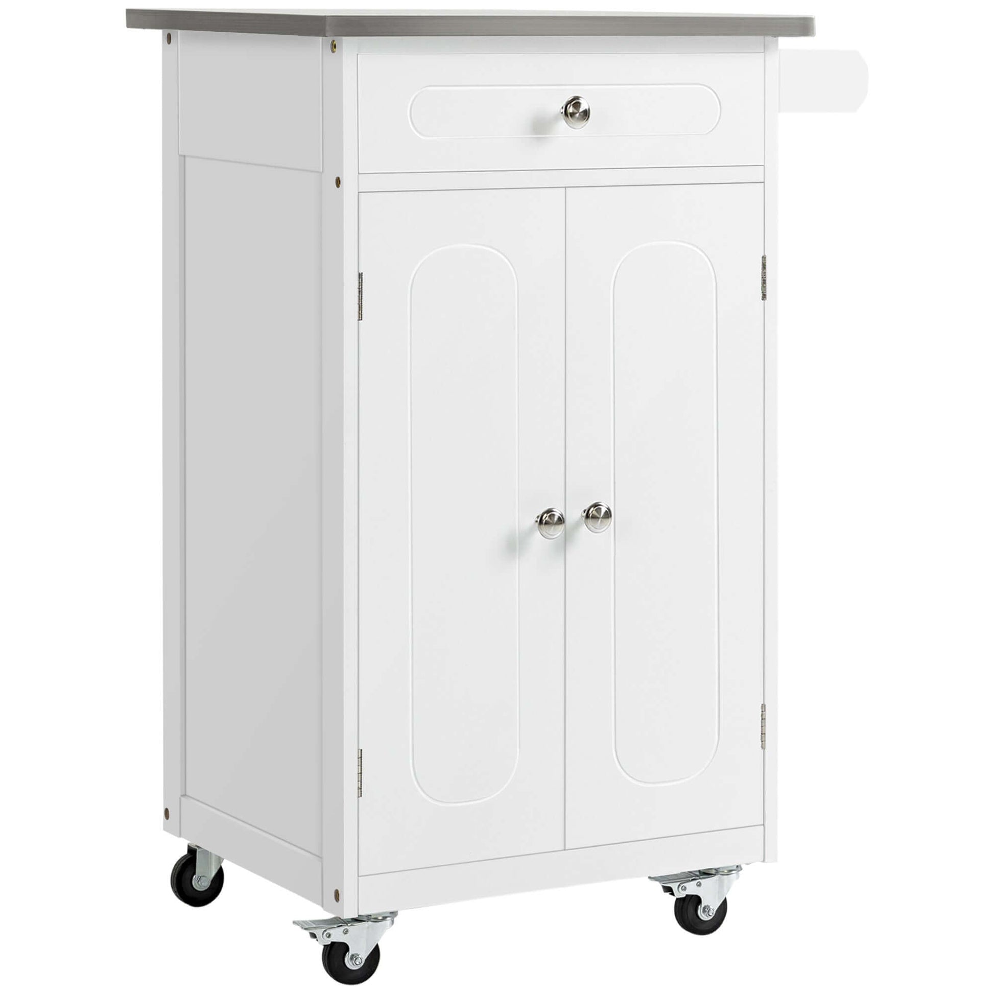 HOMCOM Kitchen Cart, Small Kitchen Island, Stainless Steel Top Utility Trolley on Wheels with Storage Drawer for Dining Room, Kitchen (White)
