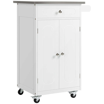 HOMCOM Kitchen Cart, Small Kitchen Island, Stainless Steel Top Utility Trolley on Wheels with Storage Drawer for Dining Room, Kitchen (White)