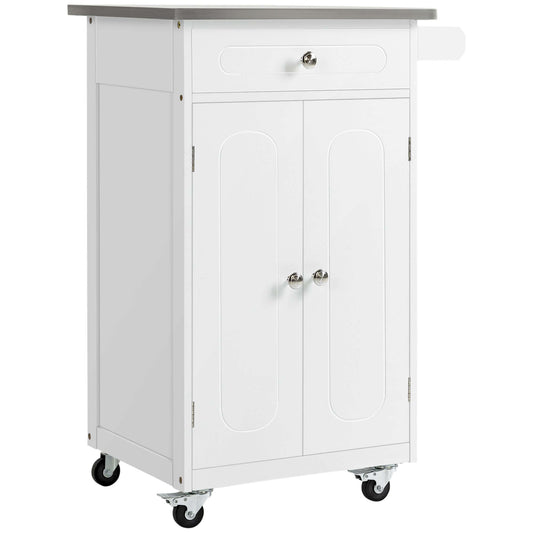 HOMCOM Kitchen Cart, Small Kitchen Island, Stainless Steel Top Utility Trolley on Wheels with Storage Drawer for Dining Room, Kitchen (White)