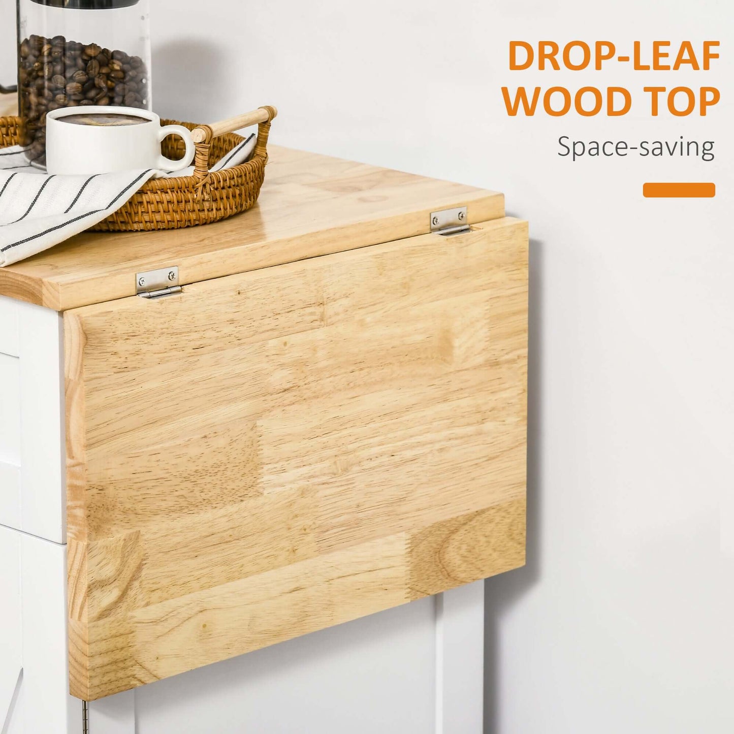 HOMCOM Foldable Kitchen Island with Storage Drawer, Farmhouse Style Rolling Utility Cart, Coffee Bar Cabinet on Wheels with Drop-Leaf Wood Top, White