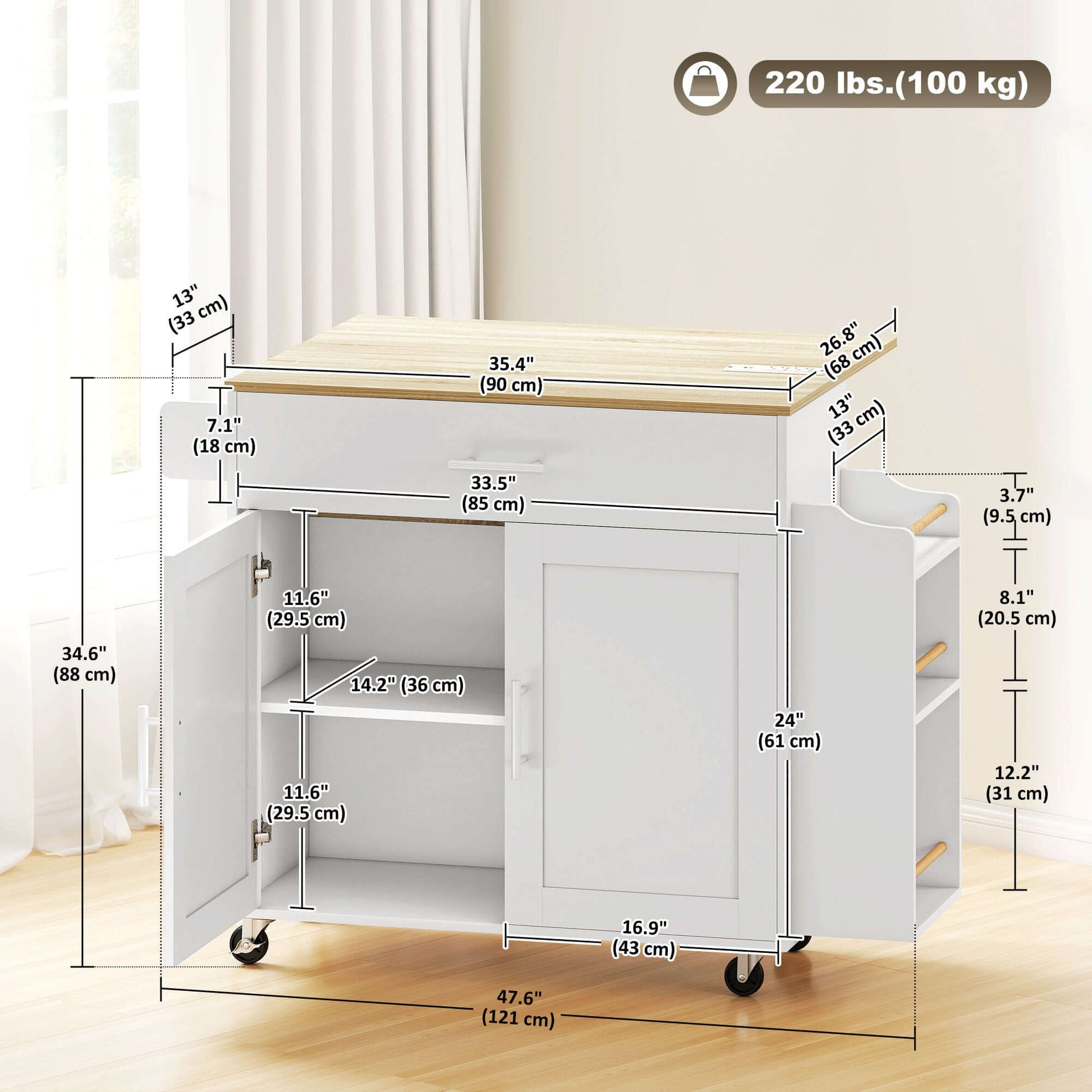 HOMCOM Kitchen Island with Storage, Rolling Kitchen Cart with Foldable Drop Leaf, Power Outlet and USB Ports, White