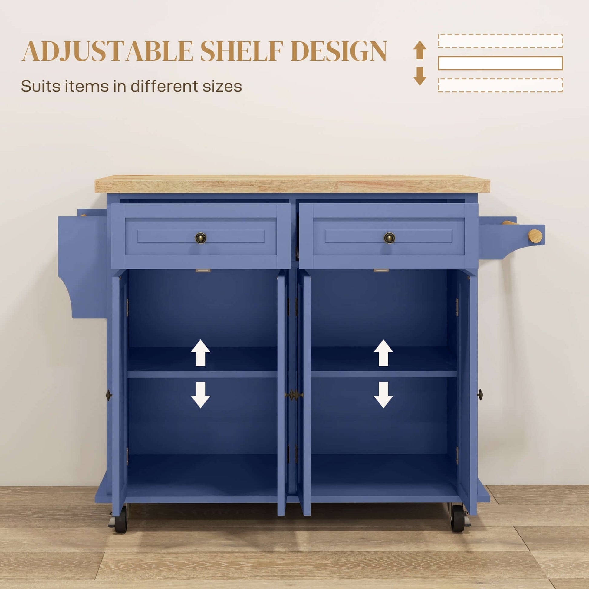 HOMCOM Kitchen Island with Storage, Rolling Trolley Cart with Rubber Wood Top, Spice Rack, Towel Rack, Navy Blue