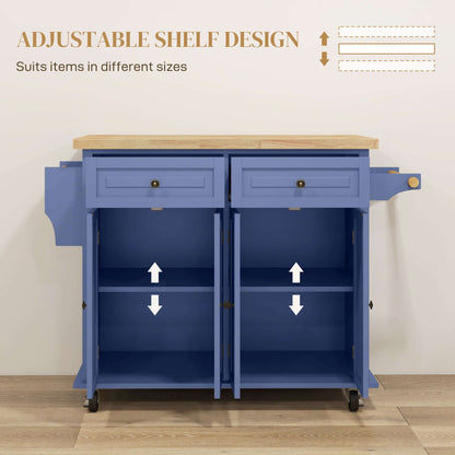 HOMCOM Kitchen Island with Storage, Rolling Trolley Cart with Rubber Wood Top, Spice Rack, Towel Rack, Navy Blue