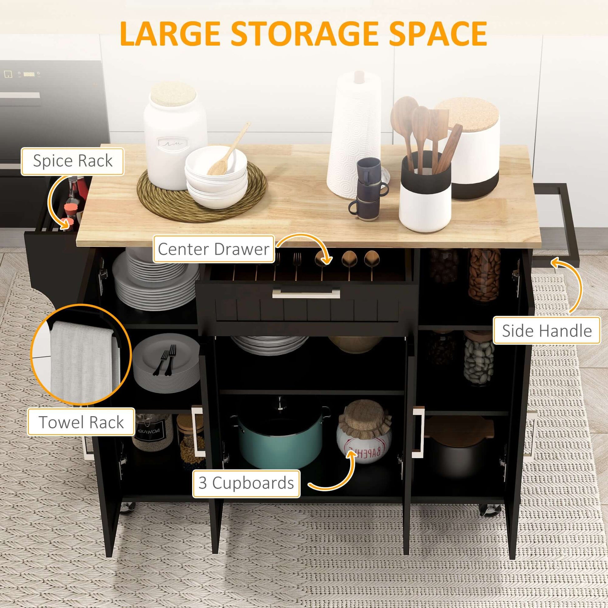 HOMCOM Modern Rolling Kitchen Island Cart with Drawers, Natural Wood Top, Towel Rack, Door Storage Cabinet, Black