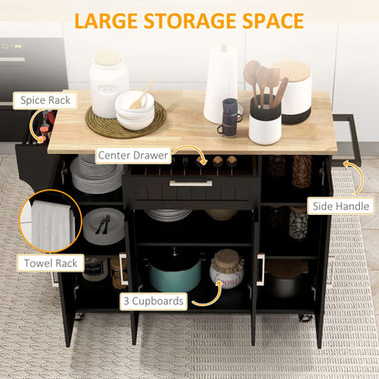HOMCOM Modern Rolling Kitchen Island Cart with Drawers, Natural Wood Top, Towel Rack, Door Storage Cabinet, Black