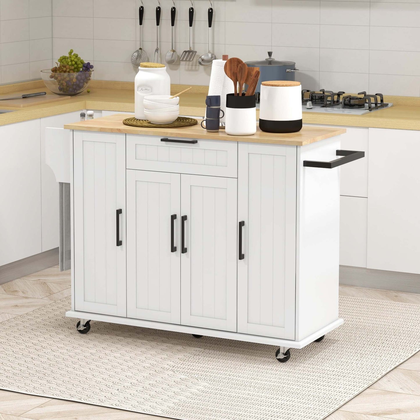 HOMCOM Modern Rolling Kitchen Island Cart with Drawers, Natural Wood Top, Towel Rack, Door Storage Cabinet, White