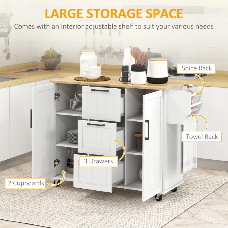HOMCOM Kitchen Island Cart: On Wheels, Drop Leaf, 3 Drawers, Cabinets, Natural Wood Top, White | Aosom Canada