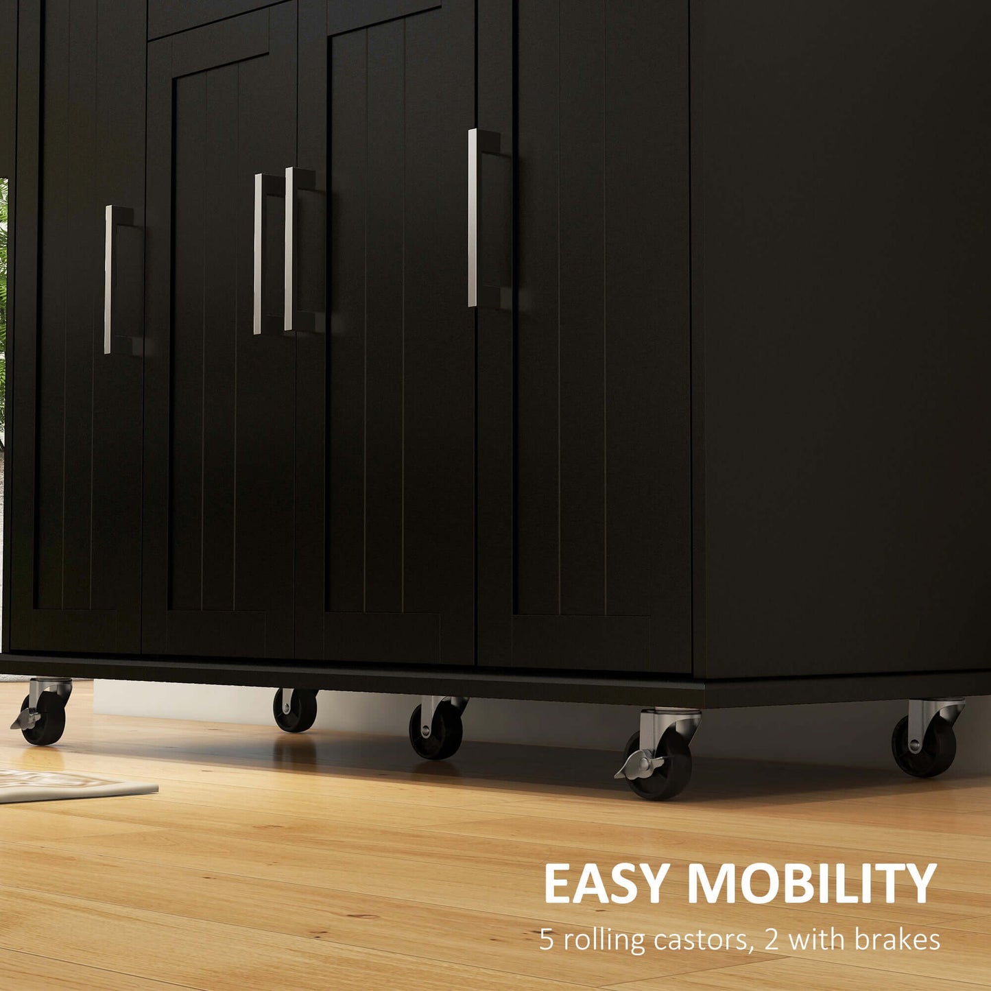HOMCOM Modern Rolling Kitchen Island Cart with Drawers, Natural Wood Top, Towel Rack, Door Storage Cabinet, Black