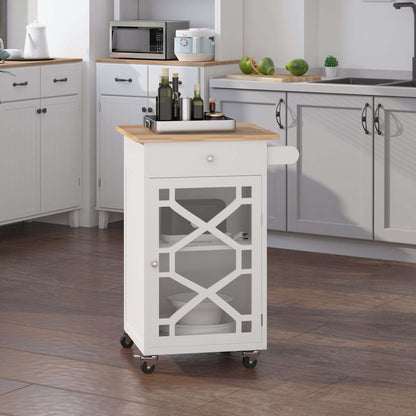 HOMCOM Kitchen Cart on Wheels, Rolling Kitchen Island with Drawer, Glass Door, Towel Rack and Adjustable Shelf, White