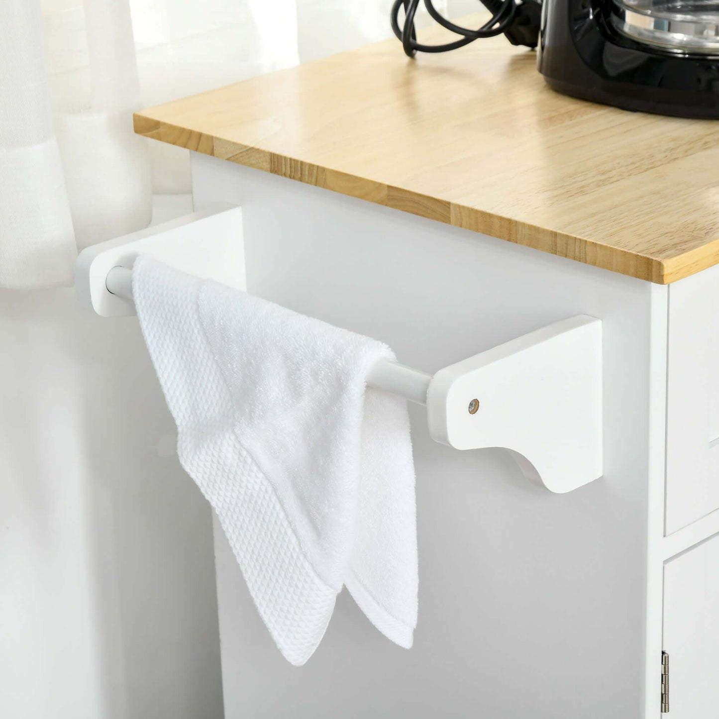 HOMCOM 48" Kitchen Island with Storage and Solid Wood Top, Rolling Kitchen Cart on Wheels with 2 Storage Drawers, 3 Doors and Towel Rack for Dining Room, White