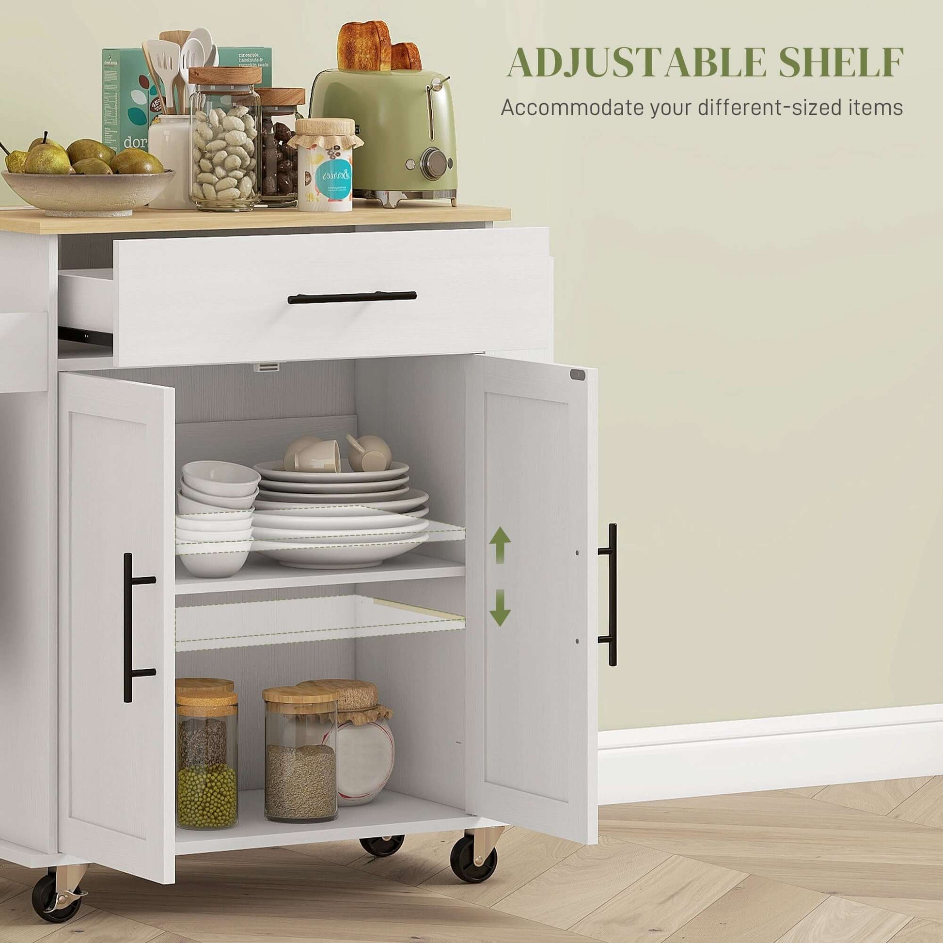 HOMCOM Rolling Island with Wheels for Kitchen, Kitchen Island on Rollers with Power Outlets, Drawer and Doors