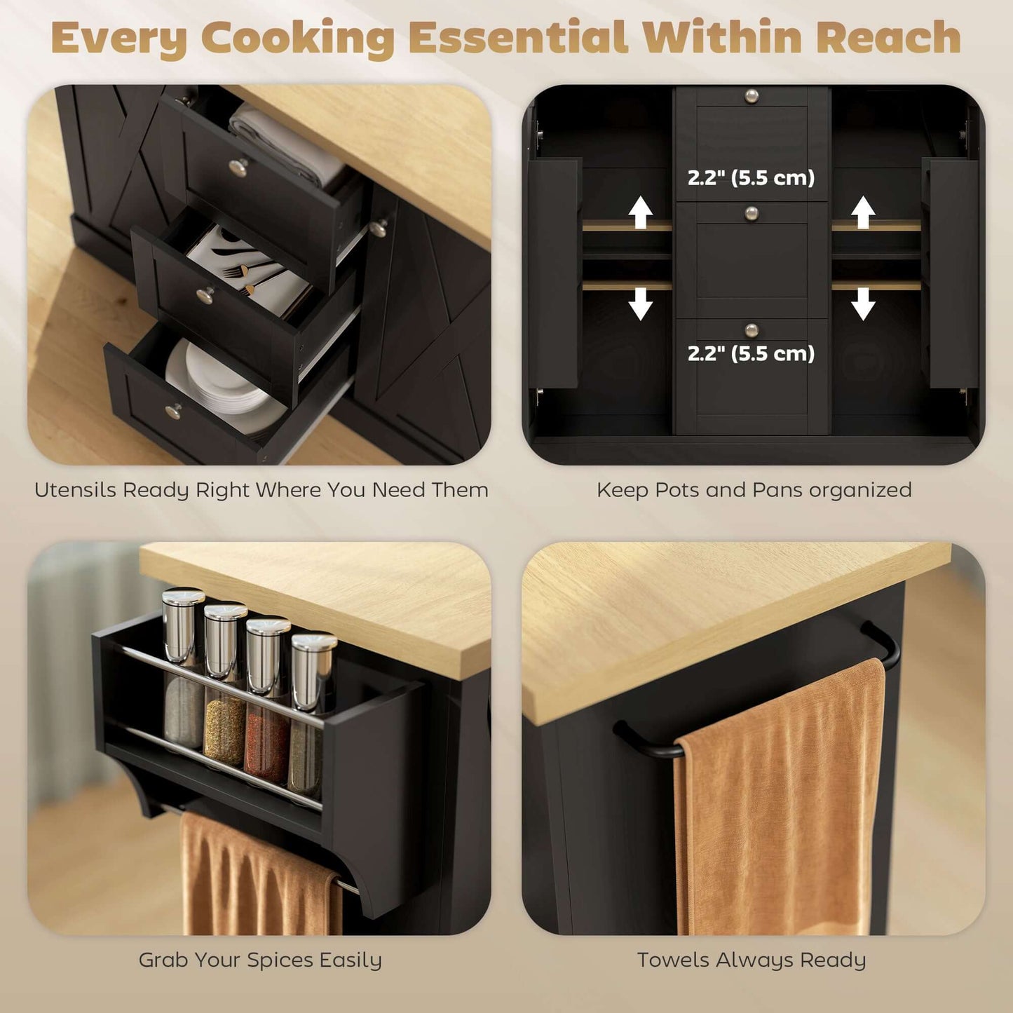 HOMCOM Farmhouse Kitchen Island Cart with Power Outlet and Soft-Close Doors, 49" Kitchen Island with 3 Drawers, Black