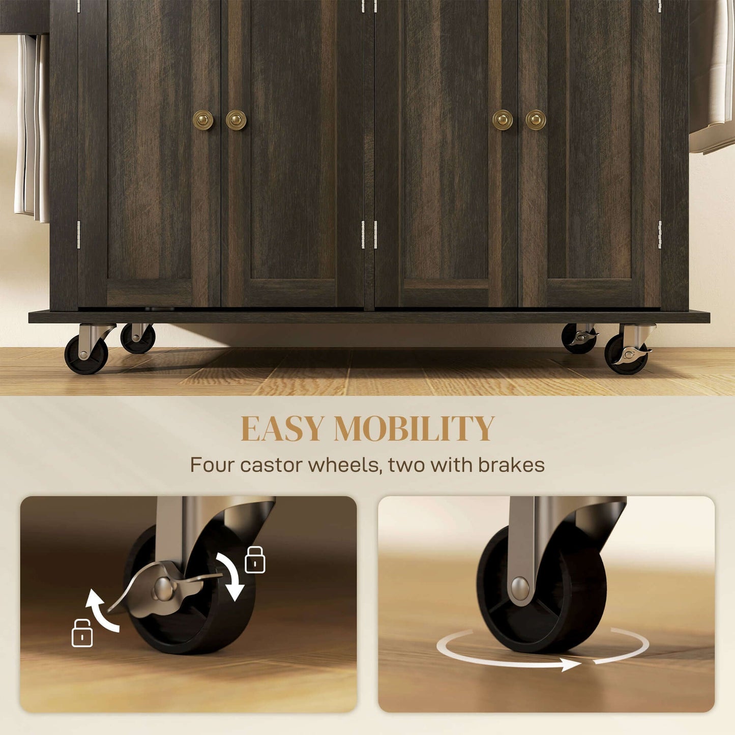 HOMCOM Kitchen Island with Storage, Rolling Trolley Cart with Rubber Wood Top, Spice Rack, Towel Rack, Brown Oak