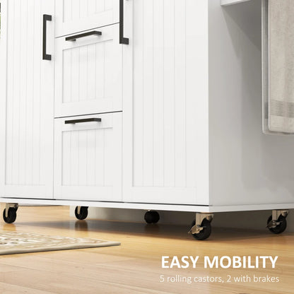 HOMCOM Kitchen Island Cart: On Wheels, Drop Leaf, 3 Drawers, Cabinets, Natural Wood Top, White | Aosom Canada