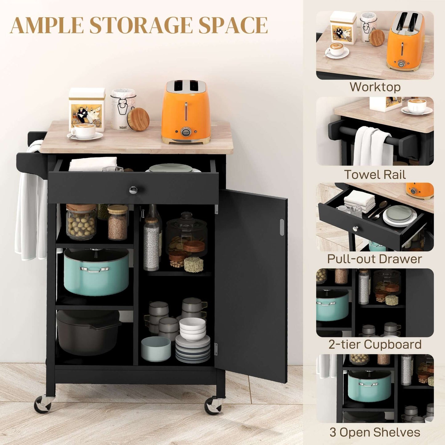 HOMCOM Modern Rolling Kitchen Island Cart with Drawer, Natural Wood Top, Towel Rack, Door Storage Cabinet, Black