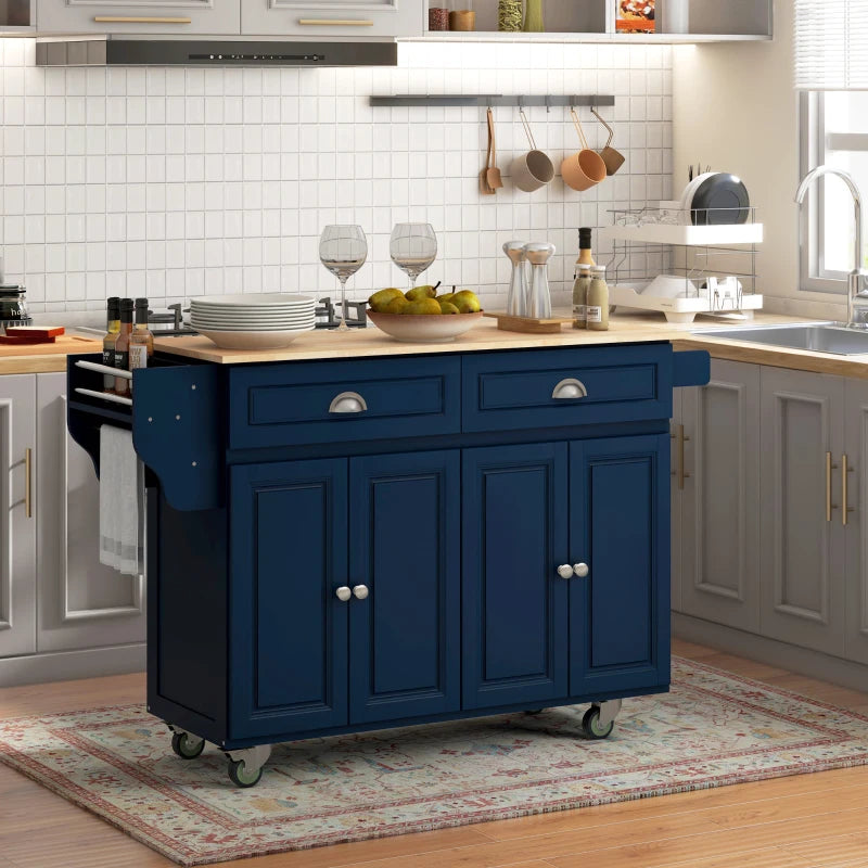 HOMCOM Kitchen Island with Storage, Rolling Kitchen Island with Drop Leaf, Rubber Wood Top and Adjustable Shelves, Navy Blue | Aosom Canada
