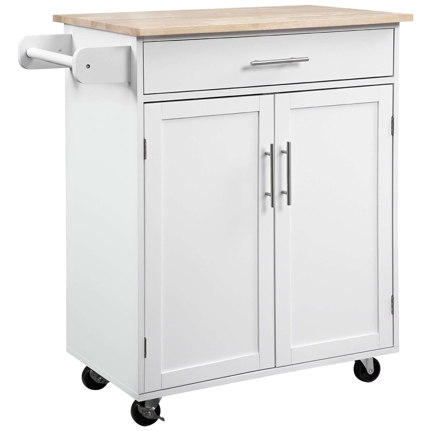 HOMCOM Kitchen Trolley Mobile Kitchen Island on Wheels Serving Cart Wooden Storage w/ Drawer and Towel Bar White