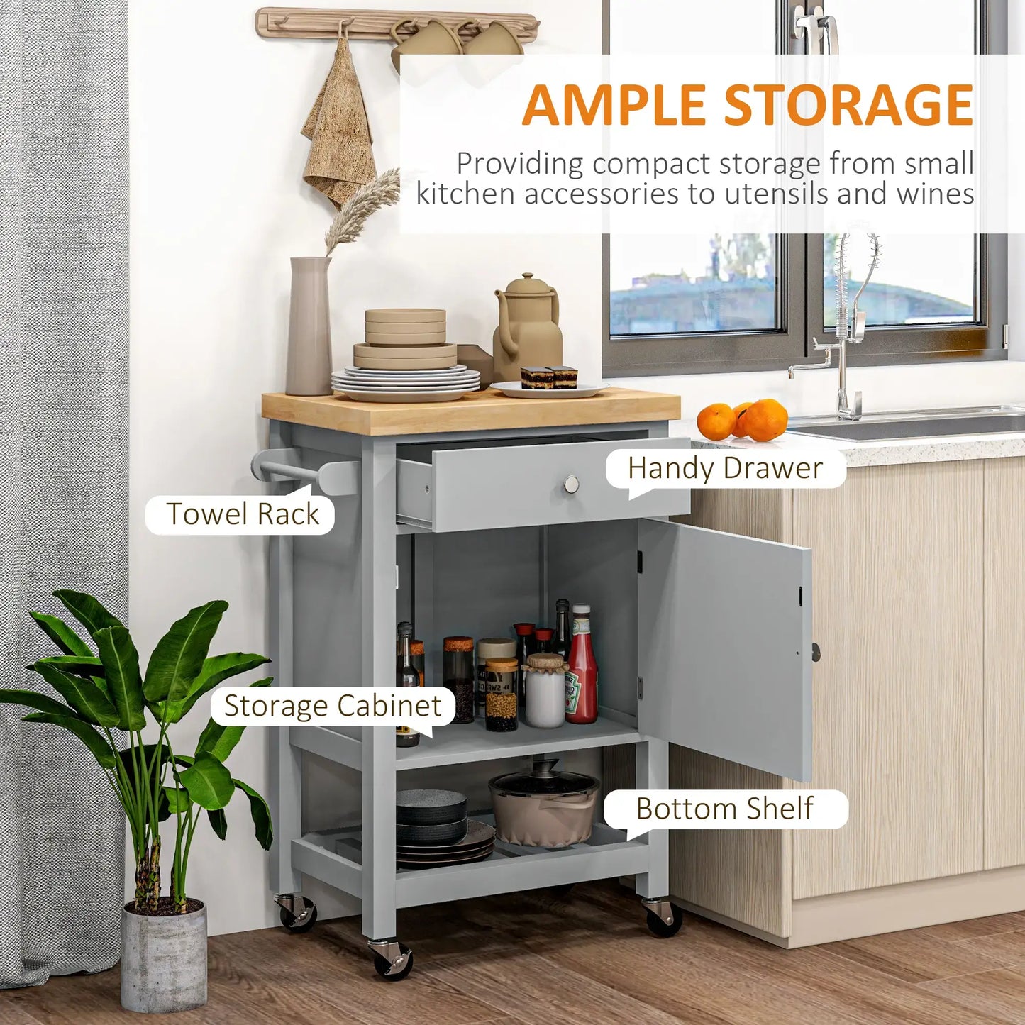 HOMCOM Kitchen Cart on Wheels, Rolling Kitchen Island Cart with Wood Top, Towel Rack, Drawer and Shelf for Dining Area, Grey