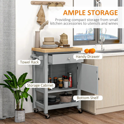 HOMCOM Kitchen Cart on Wheels, Rolling Kitchen Island Cart with Wood Top, Towel Rack, Drawer and Shelf for Dining Area, Grey