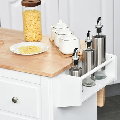 HOMCOM Rolling Kitchen Island with Drop Leaf, Kitchen Cart with Cabinet, 3 Drawers, Wood Top, White | Aosom Canada