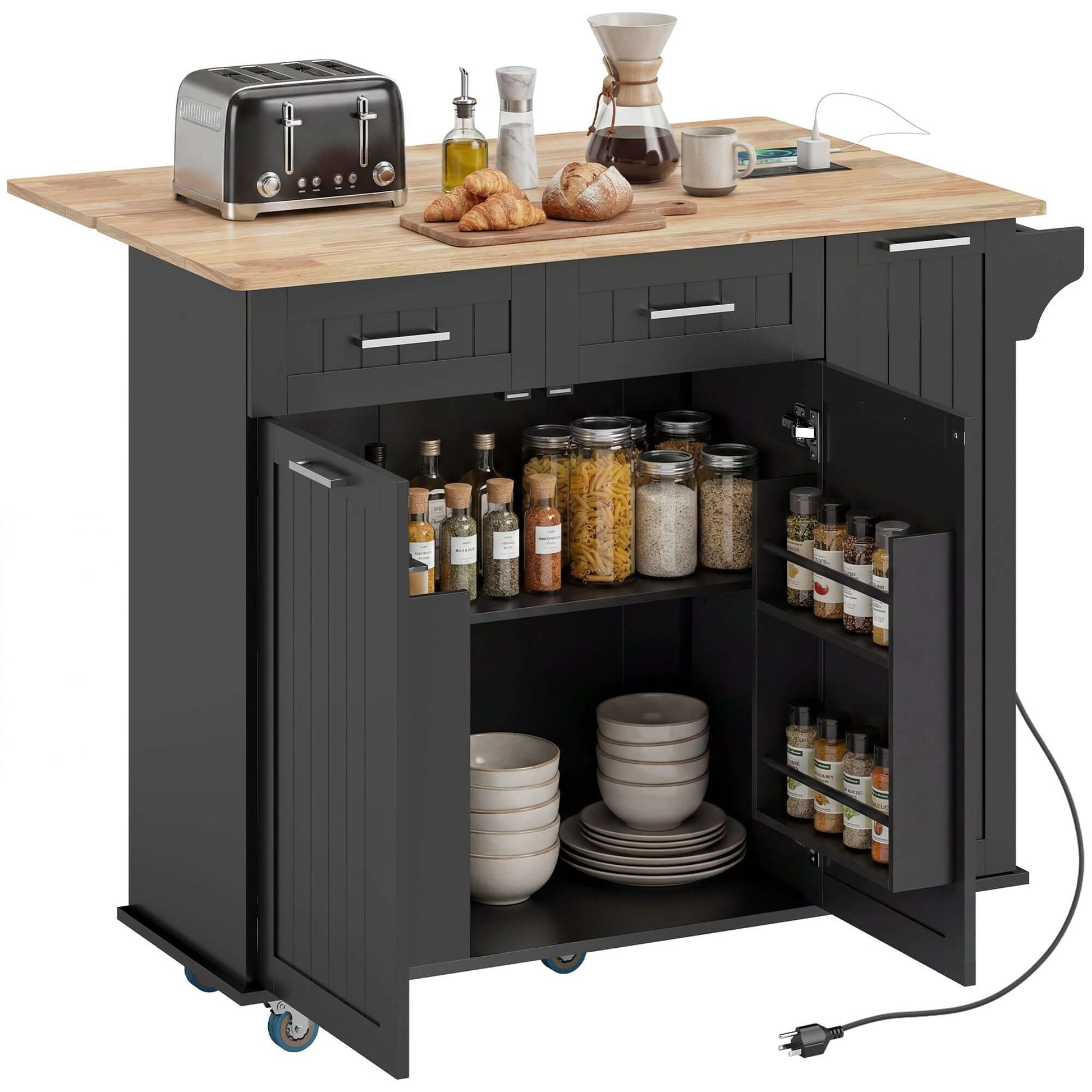HOMCOM Kitchen Island on Wheels with Wood Drop Leaf, Charging Station, Rolling Kitchen Cart with Adjustable Shelf, Black