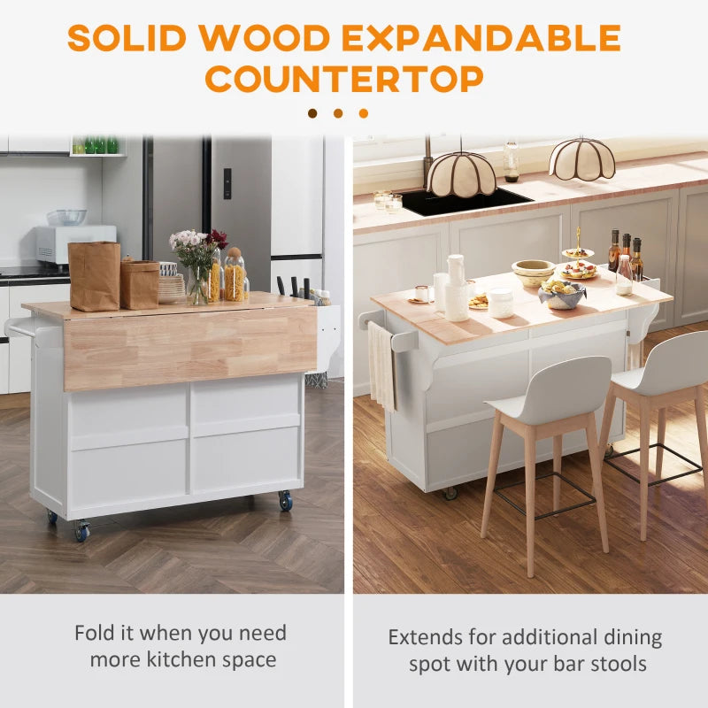 HOMCOM Rolling Kitchen Island on Wheels Utility Cart with Drop-Leaf and Rubber Wood Countertop, Storage Drawers, Door Cabinets, White | Aosom Canada